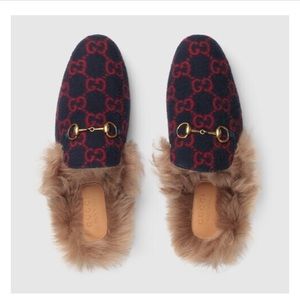 Gucci PRINCETOWN red blue fur wool mules 36
